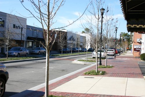 A quiet street lined with trees, shops, and parked cars under a clear blue sky.