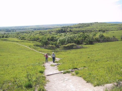 Two people walk along a rocky path through a lush green landscape under a bright sky.