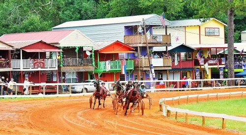 Horses pulling carts race on a dirt track, with colorful buildings and spectators in the background.