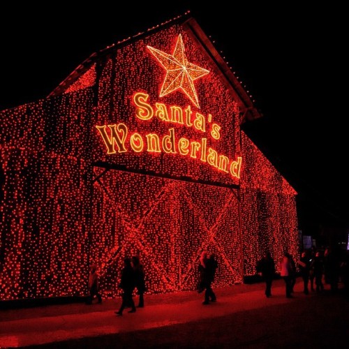 A brightly lit barn with "Santa's Wonderland" in glowing red lights, surrounded by visitors at night.
