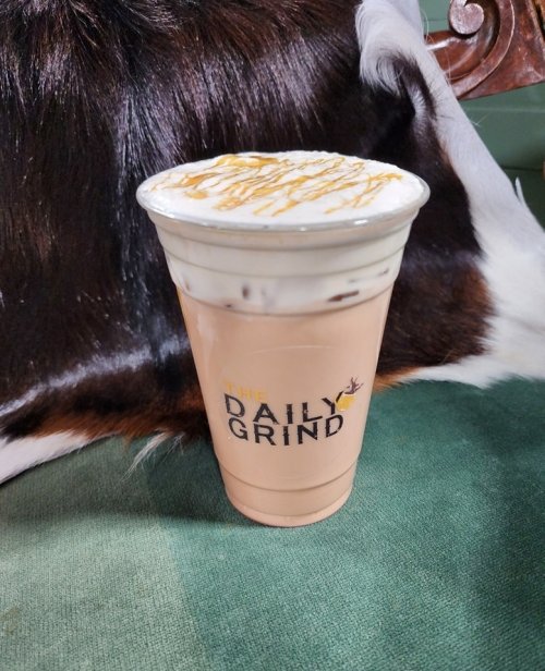 A cup of iced coffee topped with whipped cream and caramel, placed on a green surface with a furry background.