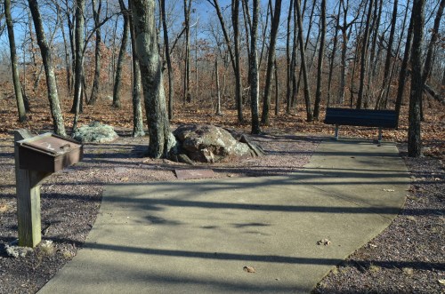 A winding path through a wooded area, with a bench and informational sign beside large rocks.