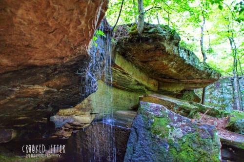 A serene scene of moss-covered rocks and a small waterfall surrounded by lush green trees.