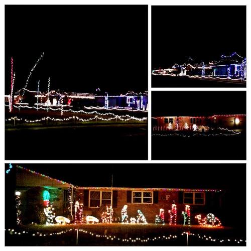 A collage of a house decorated with colorful Christmas lights, featuring various festive displays at night.