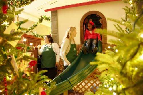 A child in a red hoodie slides down from a playhouse, while two adults in green aprons smile nearby, surrounded by holiday decorations.