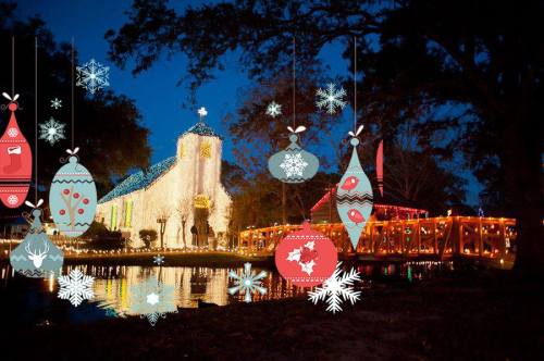 A festive scene featuring a beautifully lit building and decorations by a waterway, with ornaments and snowflakes.