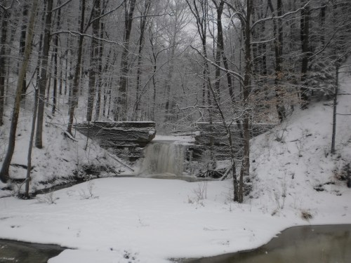 A serene winter scene featuring a waterfall surrounded by snow-covered trees and a frozen pond.
