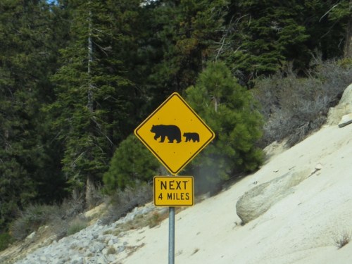 A yellow warning sign depicting a bear and cub, indicating bear activity for the next 4 miles.