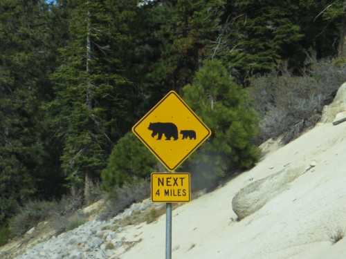 A yellow warning sign depicting a bear and cub, indicating bear activity for the next 4 miles.