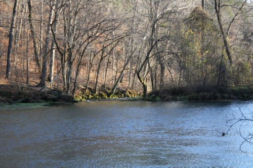 A serene river scene surrounded by bare trees and gentle slopes, reflecting the calm water on a clear day.