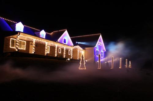 A house decorated with colorful Christmas lights, featuring a lit tree and fog in the foreground at night.