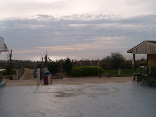 A serene outdoor scene with a path leading to the beach, surrounded by greenery and a small building.