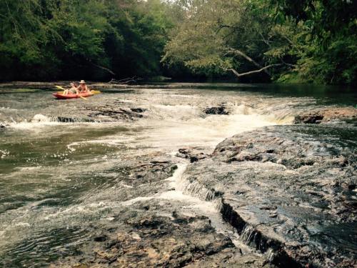Two people in a kayak navigate a rocky river surrounded by lush greenery.