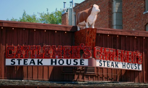 Sign for Cattlemen's Steak House featuring bright lights and a cow statue on the roof.