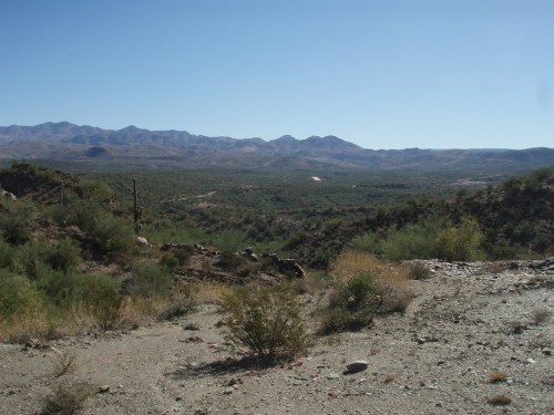 A vast desert landscape with mountains in the background and sparse vegetation under a clear blue sky.