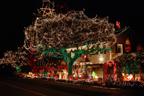 A house decorated with colorful Christmas lights, featuring festive ornaments and a large star on a tree.