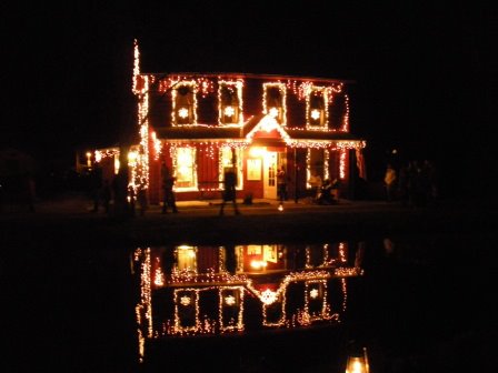 A beautifully lit house decorated with string lights, reflecting in a calm pond at night.