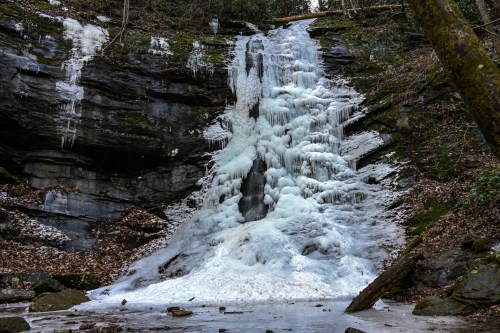 A frozen waterfall cascading down rocky cliffs, surrounded by icy formations and fallen leaves in a forested area.