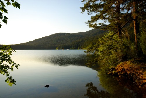 A serene lake surrounded by trees and mountains, reflecting the soft light of sunset.