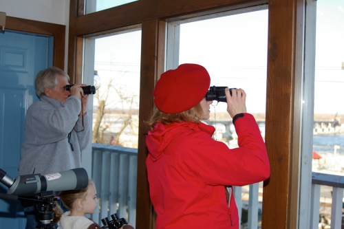 Two people and a child look through binoculars from a window, observing the outdoors on a clear day.