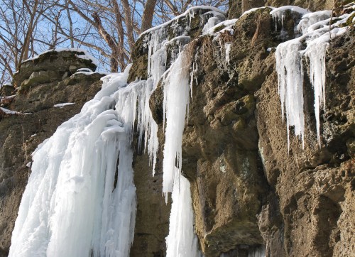 Icicles hang from a rocky cliff, surrounded by bare trees and a winter landscape.