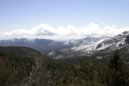 A panoramic view of snow-capped mountains under a blue sky with fluffy clouds, surrounded by green forests.