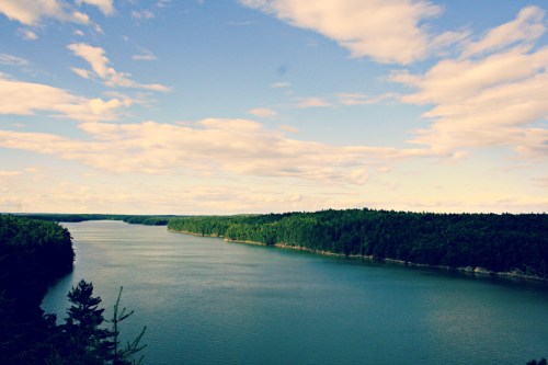A serene river flows through a lush green landscape under a partly cloudy sky.