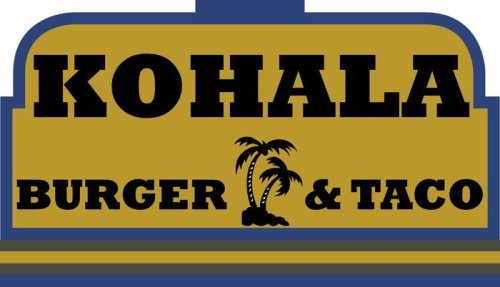 Sign for Kohala Burger & Taco featuring palm trees and a bold, colorful design.