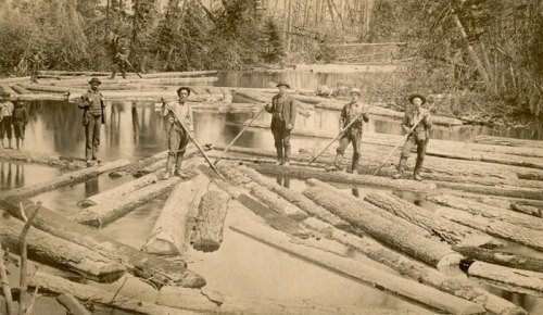 Six men standing on logs in a river, holding tools, surrounded by trees in a vintage black-and-white photograph.