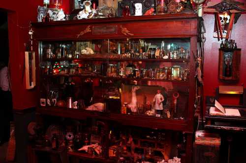 A vintage display cabinet filled with various curiosities, artifacts, and glass jars, set against a red wall.