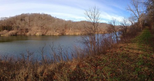 A serene river scene with bare trees and a grassy bank, surrounded by hills under a clear blue sky.
