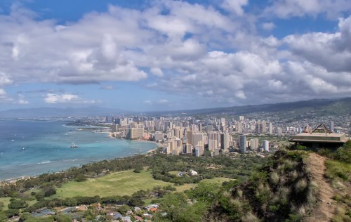 A panoramic view of a coastal city with skyscrapers, lush greenery, and a blue ocean under a partly cloudy sky.