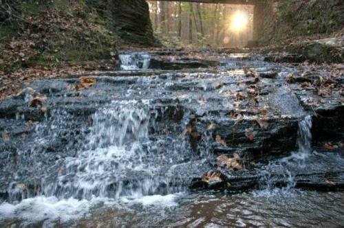 A serene waterfall cascades over rocky steps, surrounded by autumn leaves and bathed in warm sunlight.