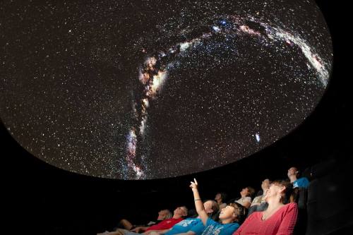 A group of people gazes up at a starry sky projection in a planetarium, with one person pointing at the stars.