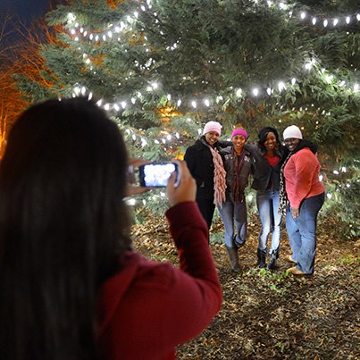 A group of four women pose for a photo in front of a lit Christmas tree at night. One woman is taking the picture.