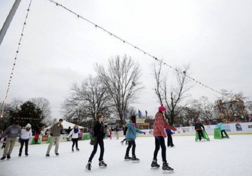 A group of people ice skating on an outdoor rink, surrounded by trees and festive lights on a cloudy day.