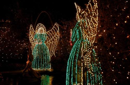 Two illuminated angel figures made of lights, surrounded by twinkling holiday decorations at night.
