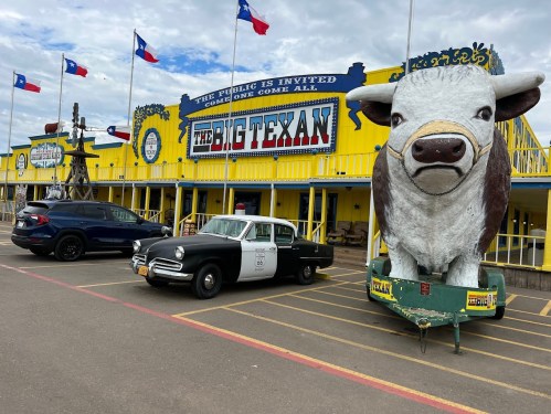 A vintage car and a black-and-white police car parked in front of The Big Texan restaurant, featuring a large bull statue.
