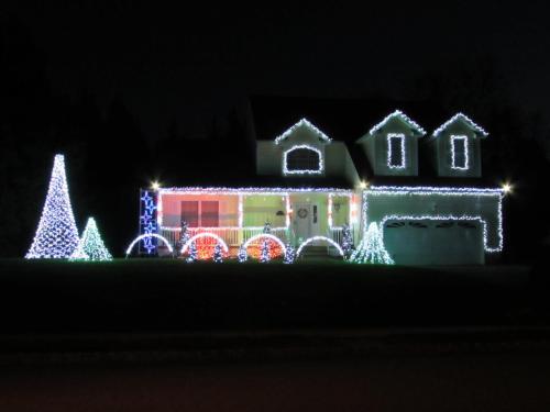A house decorated with colorful Christmas lights, featuring illuminated trees and arches in a festive display.