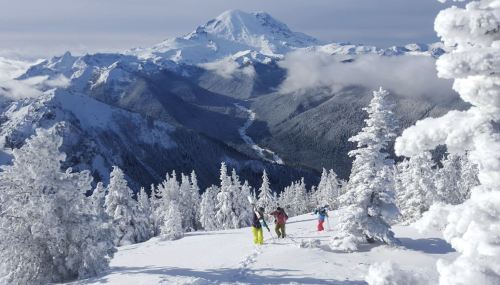 Three skiers stand on a snowy mountain slope, with a majestic peak and forested hills in the background.
