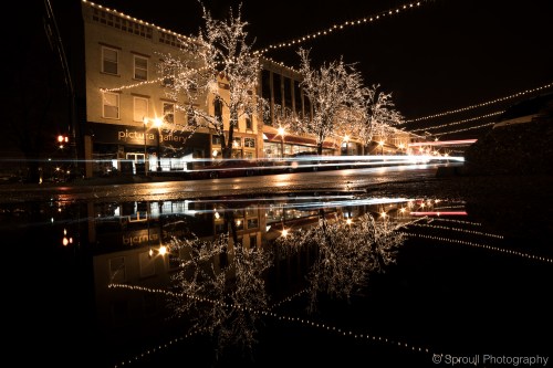 A nighttime scene with illuminated trees and buildings, reflecting in a puddle on the street.