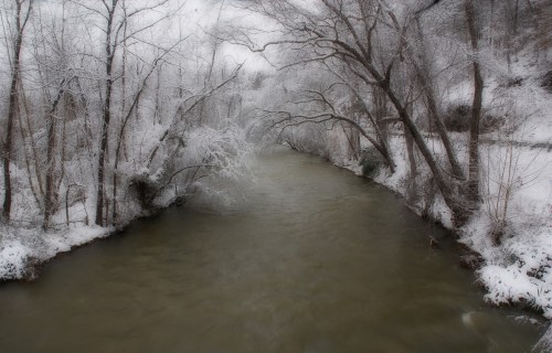 A serene winter scene of a river surrounded by snow-covered trees and a gray sky.