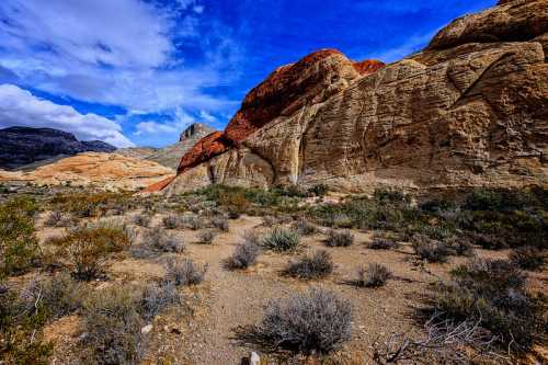 A desert landscape featuring colorful rock formations under a blue sky with scattered clouds. Sparse vegetation is visible.