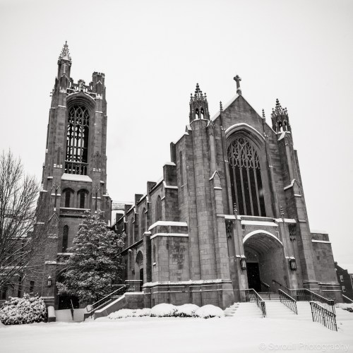 A snow-covered church with tall spires and intricate architecture, surrounded by trees in a winter landscape.