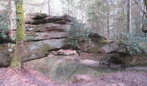 A natural stone arch over a calm stream, surrounded by lush greenery and trees in a serene forest setting.