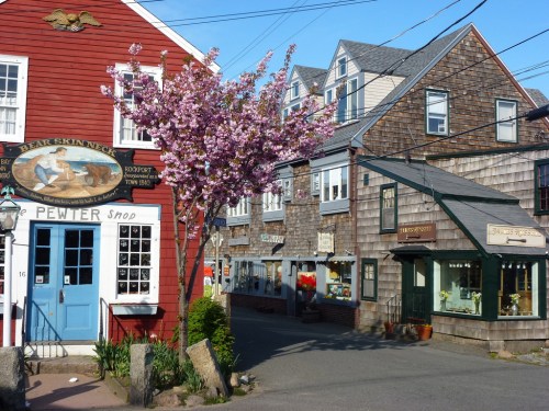 Charming street scene with a red building, blooming cherry tree, and quaint shops under a clear blue sky.