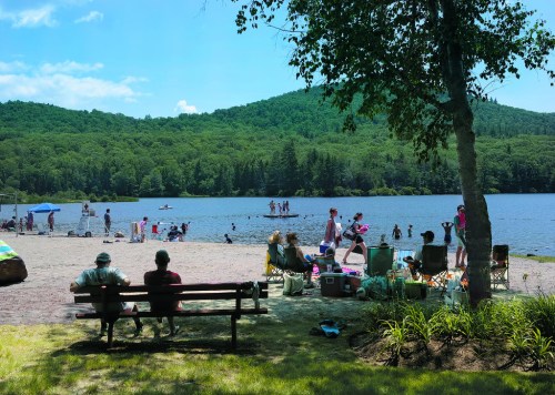 A sunny lakeside scene with people swimming, relaxing, and enjoying the beach, surrounded by green mountains.
