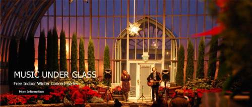 A winter concert in a glass greenhouse, featuring musicians on stage surrounded by festive decorations and plants.