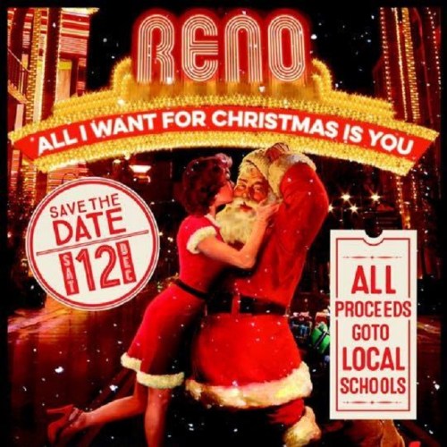 A festive poster featuring Santa and a woman dancing, promoting a Christmas event in Reno on December 12.