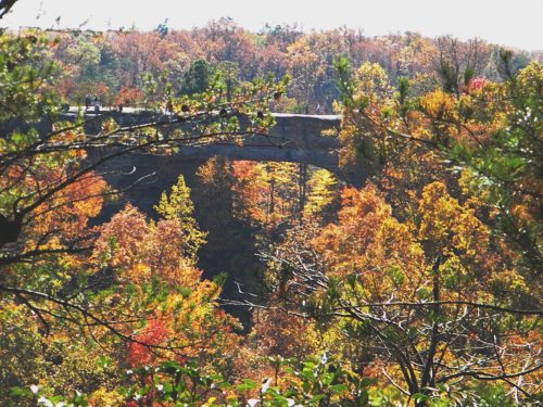 A stone bridge arches over a vibrant autumn landscape filled with colorful trees.